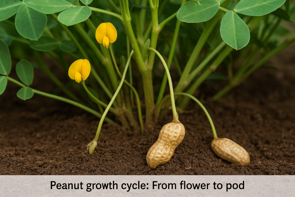 peanut growth cycle flower to pod Close-up image showing the peanut plant’s growth cycle, with yellow flowers, pegs entering the soil, and mature peanut pods developing underground.
