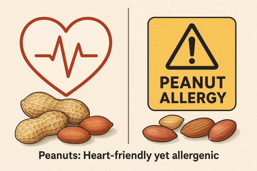 peanuts heart health vs allergy risk Split image showing peanuts associated with heart health on the left and a peanut allergy warning on the right, highlighting both benefits and risks.